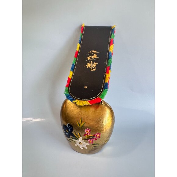 Large Hand-Painted Brass Swedish Cow Bell w/Leather Strap 16" Tall Signed Bauma - Picture 8 of 10